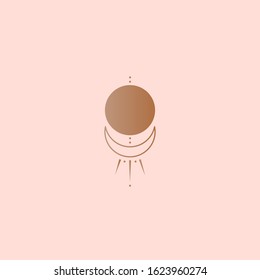 Boho abstract style Moon. Simple minimalistic icon. Logo template. Trendy vector illustration. Astrology, esoteric, yoga, alchemy concept. Tattoo, t-shirt print idea. Golden gradient. Pink background