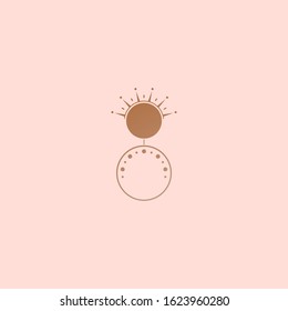 Boho abstract style Moon. Simple minimalistic icon. Logo template. Trendy vector illustration. Astrology, esoteric, yoga, alchemy concept. Tattoo, t-shirt print idea. Golden gradient. Pink background