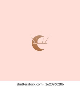 Boho abstract style Moon. Simple minimalistic icon. Logo template. Trendy vector illustration. Astrology, esoteric, yoga, alchemy concept. Tattoo, t-shirt print idea. Golden gradient. Pink background