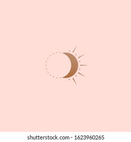 Boho abstract style Moon or sun. Simple minimalistic icon. Logo template. Trendy vector illustration. Astrology, esoteric, yoga, alchemy concept. T-shirt print idea. Golden gradient. Pink background