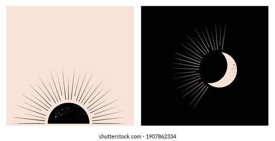 Boho abstract style Moon and Sun. Simple minimalistic template.  Astrology, esoteric, yoga, alchemy concept. Beige and black trendy vector illustration.
