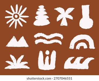 Boho abstrakte Sonnenbogen und geometrische organische Formen mit Stempel Textur weiß auf Terrakotta Hintergrund für Wandkunst oder Dekoration
