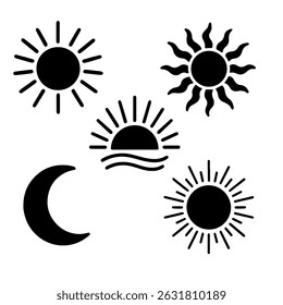 Boho abstract sun icons set, flat vector style on white