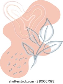 Boho abstract vector illustration with blobs, dots, spiral, heart, plant