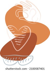 Boho abstract vector illustration with blobs, spiral, heart, hand