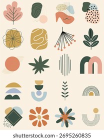 Boho abstract vector set of 20 minimalist illustrations in soft earthy tones featuring leaves, flowers, and organic geometric shapes.