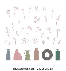 Boho abstract vintage flowers vases kit. Create minimalist bouquet for print, poster, card, icon, wall decor.