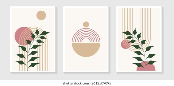 Boho abstract wall art with foliage. Each 2:3 ratio artboard and green pink color combination. Suitable for print, web, cover, wallpaper, wall art, branding, home decor etc.