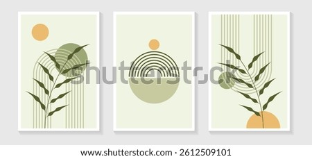 Boho abstract wall art with foliage. Each 2:3 ratio artboard and green-yellow color combination. Suitable for print, web, cover, wallpaper, wall art, branding, home decor etc.