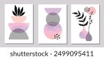 Boho Abstract wall art, set of 3 Prints with floral elements , shapes and vases
