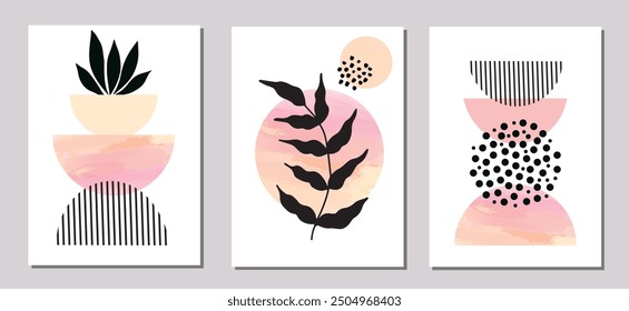 Boho Abstract wall art, set of 3 Prints with floral elements , shapes and pots