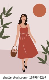 Boho Abstract Wall Art Vectors. Woman with flowers. Girl in a red dress. Floral Background Women Illustration. Neutral Colors. Vector illustration, eps 10.
