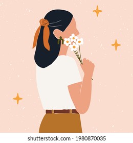 Boho abstract wall contemporary art. Woman with flowers. Girl holding bouquet floral minimal vector illustration. Spring illustration trendy modern style. Perfect for print, poster, social media.