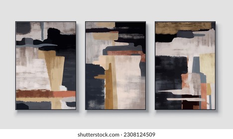 Boho abstract watercolor vector art painting, triptych