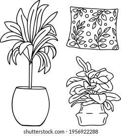 Boho accessories in doodle style, Floverpot decor elements, pillow with floral ornament 
