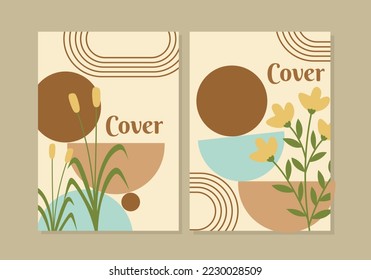 Boho aesthetic abstract botanical cover prints. Scandinavian design, pastel colors. Bohemian collage cover. Mid Century Modern design. size A4 for catalogs, journals, notebooks