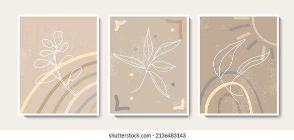 Boho arte estético abstracto de pared botánica con hojas, sol, arco iris. Moderno diseño escandinavo minimalista para decoración de paredes, tarjeta, tapicería de vivero. Conjunto de ilustraciones con textura vectorial