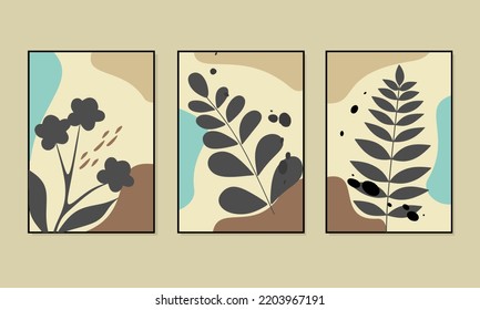 Boho aesthetic abstract botanical wall art poster prints.  Bohemian collage wall prints.Scandinavian design, earth tone colors. Mid Century Modern design.Vector illustration 
