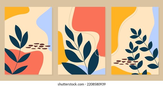 Boho aesthetic abstract botanical wall art poster prints. Scandinavian design. Bohemian collage wall prints. Mid Century Modern design. Vector illustration