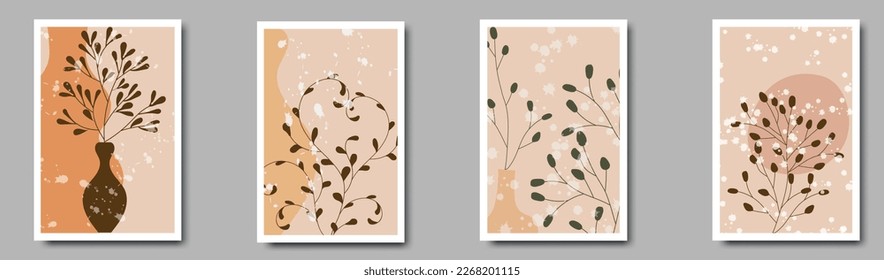 Boho aesthetic abstract botanical wall art poster prints. Scandinavian design, neutral natural colors. Bohemian collage wall prints.