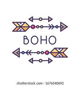 Boho aesthetic arrows RGB color icon. Bohemian and hippie style accessory. Ethnic home decoration, tribal charm, wild and free spirit symbol. Isolated vector illustration