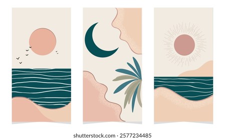  Boho aesthetic, soft colors. Abstract beach landscape with sun, moon, waves, and palm.