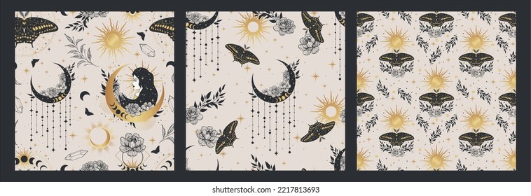 Boho aesthetic, spiritual symbols seamless pattern set with butterflies, women, crescents, herbs, sun and constellations. Bohemian style backgrounds.