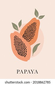 Boho aesthetic wall art poster. Minimalist cover design. Bohemian  wall print with ripe Papaya fruit. Vector papaya fruit art illustration. 