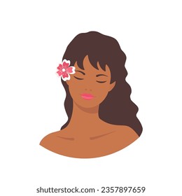 Boho African American young woman with exotic flower, on white background. Cartoon flat style. Vector illustration