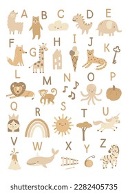 Boho Alphabet with animals, dinosaur, unicorn. Vector educational ABC poster for kids.