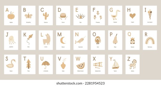 Boho Alphabet Cards with animals, fruit, rainbow. Vector educational ABC poster for kids.