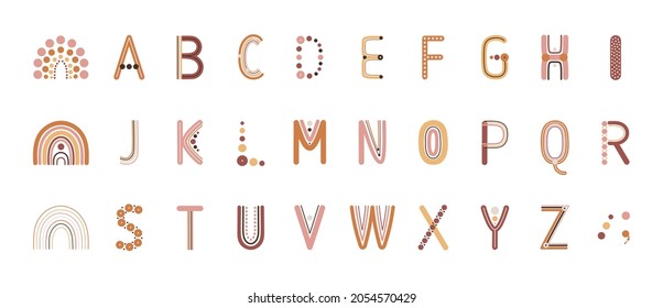 Boho alphabet letter set on white background. Bohemian rainbows for wall decor, cards, posters, prints. Hand drawn vector illustration.