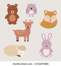 Boho animal character set with eyes closed. Baby animals. Vector illustration.