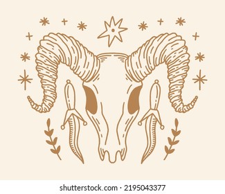 Boho animal ram skull and daggers in tribal witchy dark bohemian vintage retro style. Digital stickers, wild west cartoon doodles decor. Unique vector design. Mexico dangerous desert concept