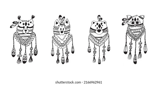 Boho animals, cute animals, coloring book. Illustration of doodle style. A hand-drawn drawing.