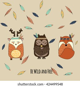 Boho Animals In Hand Drawn Style. Tribal Owl, Deer And Fox With Falling Feathers Inspirational Vector Illustration