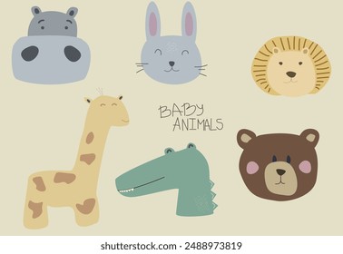 Boho animals hand-drawn pics for nursery. Baby animals in Scandinavian Bohemian style. Good for kids as a wallpaper. Adobe Illustrator Artwork