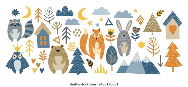 Boho animales vector conjunto. Lindo zorro, conejo, oso, mapache, búho vector. Árbol, hojas, estrellas, luna, nubes, montaña, símbolos. Personajes de dibujos animados para carteles de guardería, tarjetas, camisetas para niños. Ilustración vectorial