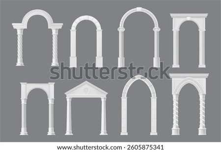 Boho arch door frames with line casing borders of minimal art ornaments. Vector retro archways with deco columns and brickwork. Aesthetic bohemian doorways, antique interior element