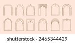 Boho arch door frames vector set. Ornate archways and doorways inspired by islamic architectural styles, arched entrances with columns, decorative brickwork patterns, arab mosques traditional motifs