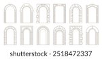 Boho arch door frames with vector line casing borders of minimal art ornaments. Retro archways with art deco columns and brickwork pattern. Aesthetic bohemian arch door frames, boho interior element