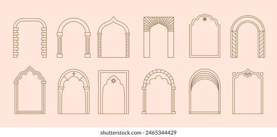 Boho arch door frames vector set. Ornate archways and doorways inspired by islamic architectural styles, arched entrances with columns, decorative brickwork patterns, arab mosques traditional motifs