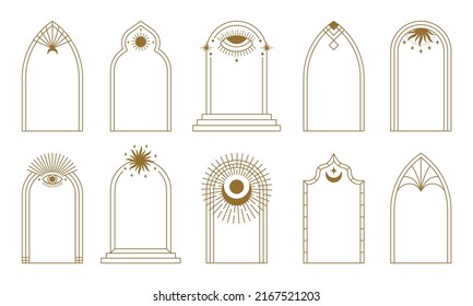 Boho arch frame collection. Bohemian line art frames with sun rays, all seeing eye and moon arches, simple geometric design elements vector set of frame arch line bohemian