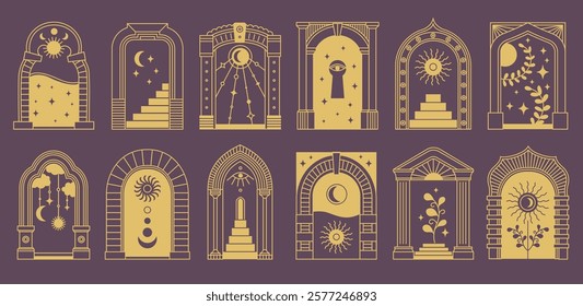 Boho arch frame. Door frame abstract ornate art deco geometric archway, vintage minimal bohemian arched linear design, trendy door way architecture frames. Vector collection.