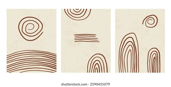 Boho arch posters set. Abstract japandi interior wall decor. Vector geometry shapes background zen aesthetic. Swirls and arc curve freehand lines on rice paper. Retro graphic ornament.