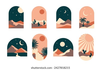 Arco boho con arena desierto y oasis, cactus y sol, luna y palma, vector formas abstractas. Diseño gráfico boho de arcos con noche de verano en colinas de arena desértica, hojas de palmera con marco paisajístico