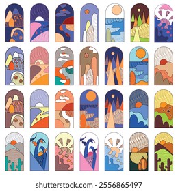 Boho arch with sand desert and oasis, cactus and sun, moon and palm, vector abstract shapes. Boho graphic design of arches with summer night in desert sand hills, palm tree leaves with landscape frame