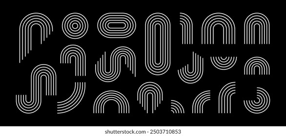 Conjunto de arco Boho. Arco zen boho mínimo. Arcoíris de línea simple. Forma abstracta del Vector, arco del contorno. Moderno elemento decorativo de moda arco iris colección. Vivero contemporáneo con ilustraciones mínimas.