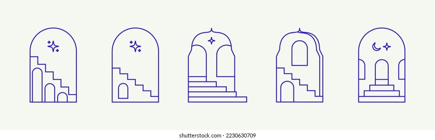 Boho arch with staircase. Minimal surreal doors with stairs. Bohemian arch with stair. Boho line arch, staircase, mystic frames.