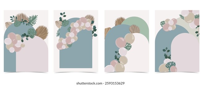Boho arch template background with paper palm leaves and balloons